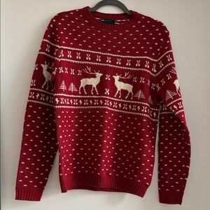 ASOS Red Crewneck Sweater with Cream Reindeer Motif